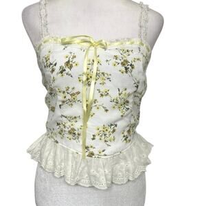 Thirty Thirty LA Y2K Yellow Floral Smocked Camisole Coquette Cottage Top S NWT